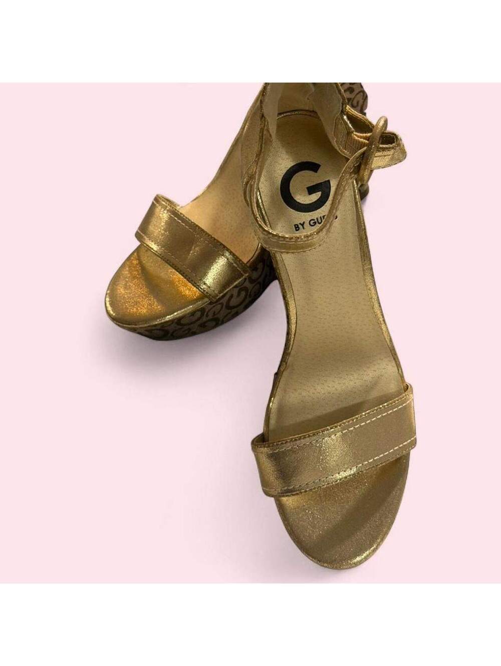 G by Guess Gold Wedge Sandals with Logo Print Heel